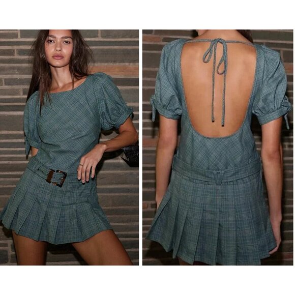 Free People Dresses & Skirts - New! Free People Green Sevi Plaid Open Back Belted Mini Dress 37381
